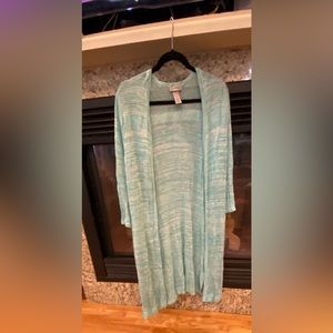 Catherine’s 1XL turquoise, eyelet, light cardigan sweater (#63)